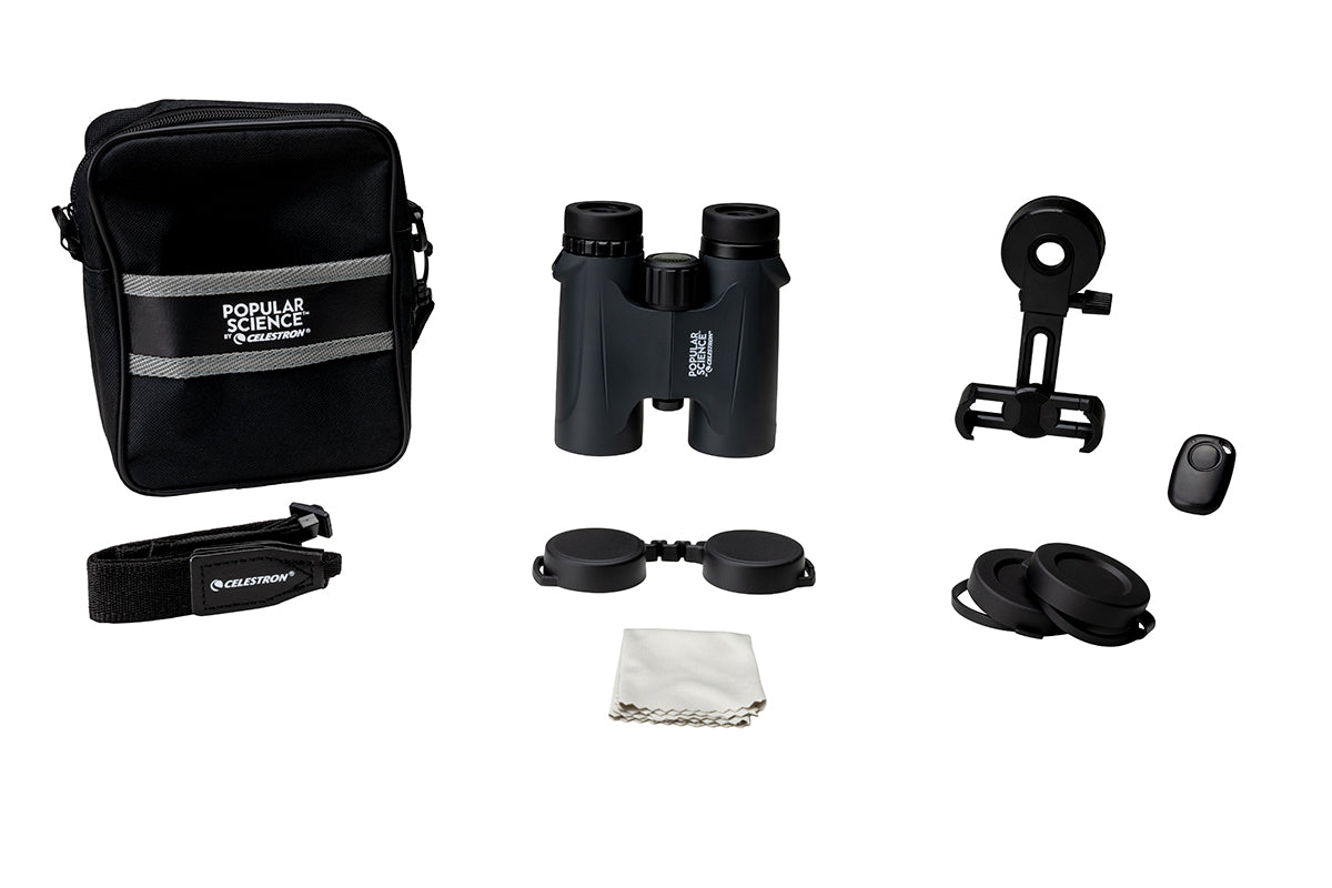 Popular Science by Celestron Outland X 10x32mm Roof Binocular with Smartphone Adapter and Bluetooth remote